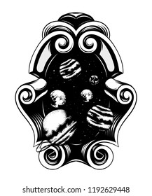 Vector hand drawn illustration of planets in frame. Creative realistic tattoo artwork. Template for card, poster, banner, print for t-shirt, pin, badge, patch.