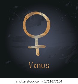 Vector hand drawn illustration of planet's signs. Venus emblem for design of astrology, numerology, horoscope, astronomy. Constellation. Poster, decorative elements, packaging, black background