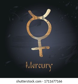 Vector hand drawn illustration of planet's signs. Mercury emblem for design of astrology, numerology, horoscope, astronomy. Constellation. Poster, decorative elements, packaging, black background