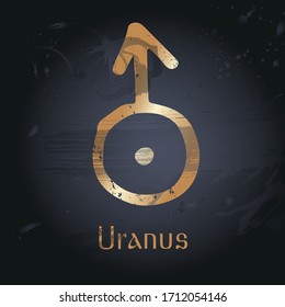 Vector hand drawn illustration of planet's signs. Uranus emblem for design of astrology, numerology, horoscope, astronomy. Constellation. Poster, decorative elements, packaging, black background