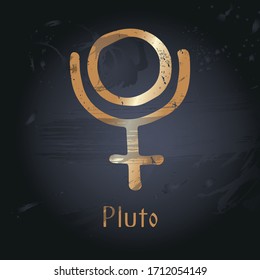 Vector hand drawn illustration of planet's signs. Pluto emblem for design of astrology, numerology, horoscope, astronomy. Constellation. Poster, decorative elements, packaging, black background