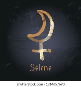 Vector hand drawn illustration of planet's signs. Selene emblem for design of astrology, numerology horoscope, astronomy. Сonstellation. Poster, decorative elements, packaging, black background