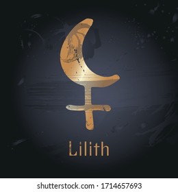 Dibujo manual del vector de los signos del planeta. Emblema Lilith para diseño de astrología, horóscopo de numerología, astronomía. С estelación. Cartel, elementos decorativos, embalaje, fondo negro