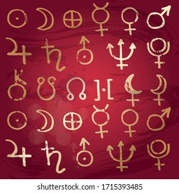 Vector hand drawn illustration of planet's signs. Pattern and emblem for astrology, numerology, horoscope, astronomy. Constellation. Poster, decorative elements, packaging, red background