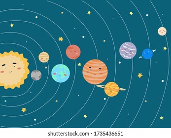 Vector hand drawn illustration of planets of the solar system in a flat style. Cartoon childish solar system.
