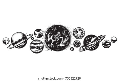 Vector hand drawn illustration of planets, sun and moon. Solar system made in hand sketched style. Template for card, poster, banner, print for t-shirt.