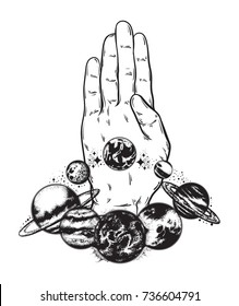 Vector hand drawn illustration of hand with planets, sun and moon. Solar system made in hand sketched style. Template for card, poster, banner, print for t-shirt.