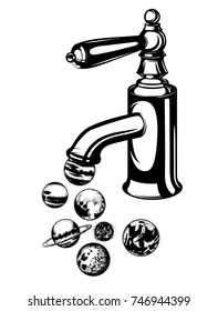 Vector hand drawn  illustration of planets and water trap. Template for card, banner, print for t-shirt.