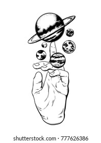 Vector hand drawn illustration of hand with planets, sun and moon. Solar system made in hand sketched style. Template for card, poster, banner, print for t-shirt.