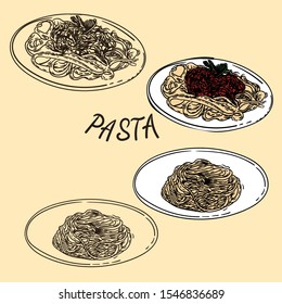 Vector hand drawn illustration with plates of pasta in the engraving vintage style.
