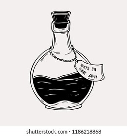 Vector hand drawn illustration of poison in bottle. Graphic sketch for posters, tattoo, clothes, t-shirt design, pins, patches, badges, stickers.