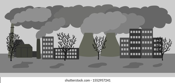 Vector hand drawn illustration with polluted city with air emissions. Sad city landscape chimneys emit smoke harmful emissions polluted air poor ecology in the city. Air pollution in modern city conce