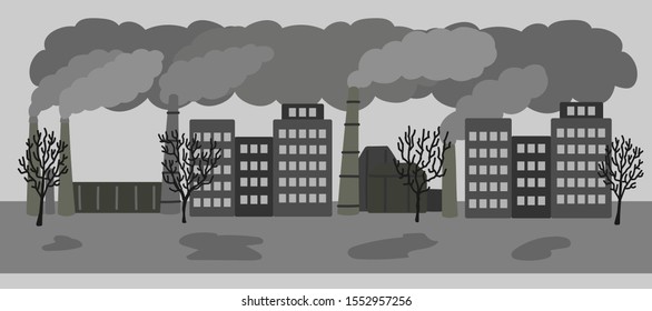 Vector hand drawn illustration with polluted city with air emissions. Sad city landscape chimneys emit smoke harmful emissions polluted air poor ecology in the city. Air pollution in modern city conce