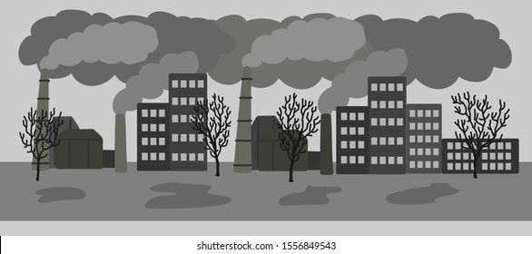 Vector hand drawn illustration with polluted city with air emissions. Sad city landscape chimneys emit smoke harmful emissions polluted air poor ecology in the city. Air pollution in modern city