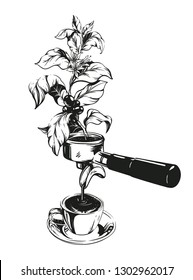 Vektor handgezeichnete Illustration mit Porta Filter, Kaffeebau und Becher. Frische Kaffeemaschine. Die Kaffeemaschine ist graviert. Ideal für Menü, Einladungen, Grußkarten, Poster.