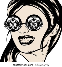 Vector hand drawn illustration with portrait of smiling girl in sunglasses with jellyfishes . Creative tattoo artwork. Template for card, poster, banner, print for t-shirt, pin, badge, patch.