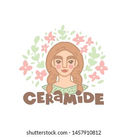 Vector hand drawn illustration. Portrait of a woman with braids and the inscription. Ceramide lettering. Round background with flowers. Hairstyles, hair care routine, products. Icon in flat style.
