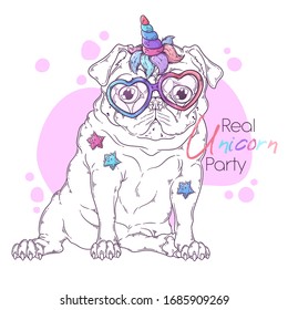 Vector hand drawn illustration. Portrait of the dog with a magic unicorn horn. The pug sits with a funny expression on his face. Each object can be changed and moved for your design.