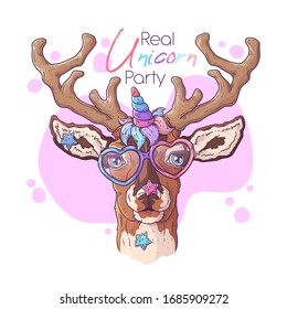 Vector hand drawn illustration. Portrait of the cute deer with a magic unicorn horn. Each object can be changed and moved for your design.