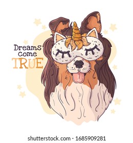 Vector hand drawn illustration. Portrait of the cute collie in a night mask with a horn. Each object can be changed and moved for your design.
