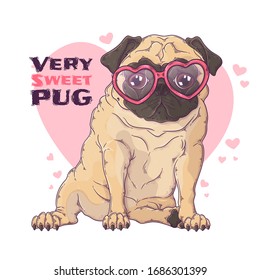 Vector hand drawn illustration. Portrait of the dog in cute glasses. The pug sits with a funny expression on his face. Each object can be changed and moved for your design.