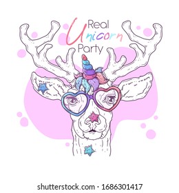 Vector hand drawn illustration. Portrait of the cute deer with a magic unicorn horn. Each object can be changed and moved for your design.