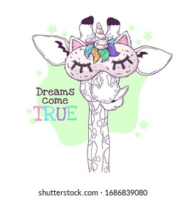 Vector hand drawn illustration. Portrait of the cute giraffe in a night mask with a horn. Each object can be changed and moved for your design.