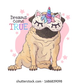Vector hand drawn illustration. Portrait of the dog in a night mask with a horn. The pug sits with a funny expression on his face. Each object can be changed and moved for your design.