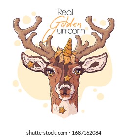 Vector hand drawn illustration. Portrait of the cute deer with a magic unicorn horn. Each object can be changed and moved for your design.