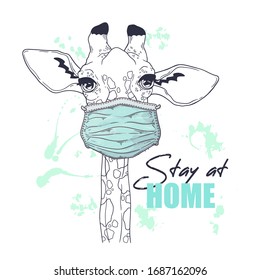 Vector hand drawn illustration. Portrait of the cute animal in a medical mask. The giraffe against a pandemic. Each object can be changed and moved for your design.
