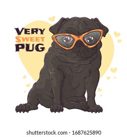 Vector hand drawn illustration. Portrait of the dog in cute glasses. The pug sits with a funny expression on his face. Each object can be changed and moved for your design.