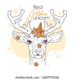  Vektorgrafik, handgezeichnet. Porträt des süßen Hirsches mit einem magischen Einhornhorn. Jedes Objekt kann für Ihr Design geändert und verschoben werden.
