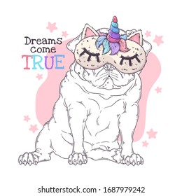 Vector hand drawn illustration. Portrait of the dog in a night mask with a horn. The pug sits with a funny expression on his face. Each object can be changed and moved for your design.