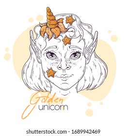  Ilustración dibujada a mano por vectores. Retrato de la linda chica con un cuerno de unicornio mágico. Cada objeto se puede cambiar y mover para el diseño.