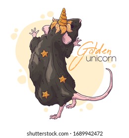 Vector hand drawn illustration. Portrait of the cute rat with a magic unicorn horn. Each object can be changed and moved for your design.