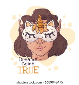  Vektorillustration handgezeichnet. Portrait des süßen Mädchens in einer Nachtmaske mit einem Horn. Jedes Objekt kann für Ihr Design geändert und verschoben werden.