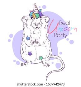 Vector hand drawn illustration. Portrait of the cute rat with a magic unicorn horn. Each object can be changed and moved for your design.