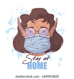 Vector hand drawn illustration. Portrait of the cute girl in a medical mask. People against a pandemic. Each object can be changed and moved for your design.