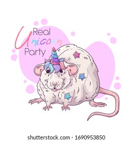 Vector hand drawn illustration. Portrait of the cute rat with a magic unicorn horn. Each object can be changed and moved for your design.