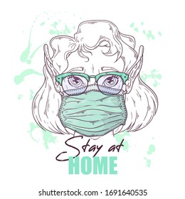 Vector hand drawn illustration. Portrait of the cute girl in a medical mask. People against a pandemic. Each object can be changed and moved for your design.