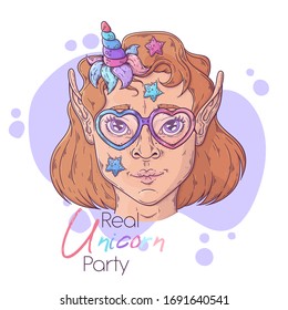 Vector hand drawn illustration. Portrait of the cute girl with a magic unicorn horn. Each object can be changed and moved for your design.