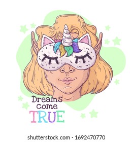 Vector hand drawn illustration. Portrait of the cute girl in a night mask with a horn. Each object can be changed and moved for your design.