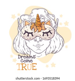  Ilustración dibujada a mano por vectores. Retrato de la linda chica con una máscara nocturna con un cuerno. Cada objeto se puede cambiar y mover para el diseño.