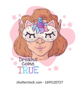  Ilustración dibujada a mano por vectores. Retrato de la linda chica con una máscara nocturna con un cuerno. Cada objeto se puede cambiar y mover para el diseño.