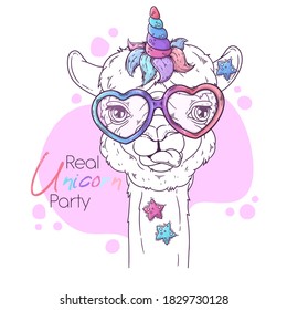 Vector hand drawn illustration. Portrait of cute alpaca with unicorn horn. Sketch art. Each object can be changed and moved for your design.