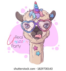 Vector hand drawn illustration. Portrait of cute alpaca with unicorn horn in glasses. Each object can be changed and moved for your design.