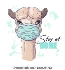 Vector hand drawn illustration. Portrait of cute alpaca in medical mask. Each object can be changed and moved for your design.