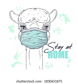 Vector hand drawn illustration. Portrait of cute alpaca in medical mask. Sketch art. Each object can be changed and moved for your design.