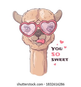 Vector hand drawn illustration. Portrait of cute alpaca in glasses. Each object can be changed and moved for your design.