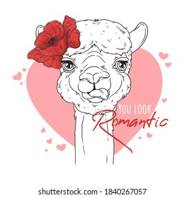 Vector hand drawn illustration. Portrait of cute alpaca with flowers. Sketch art. Each object can be changed and moved for your design.